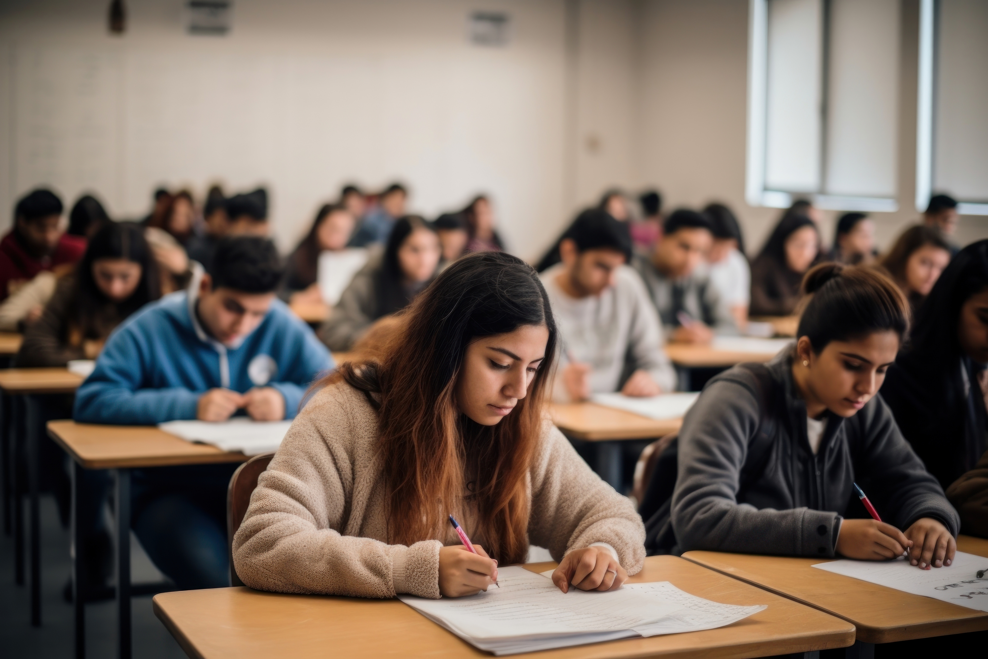 Students writing exam in classroom